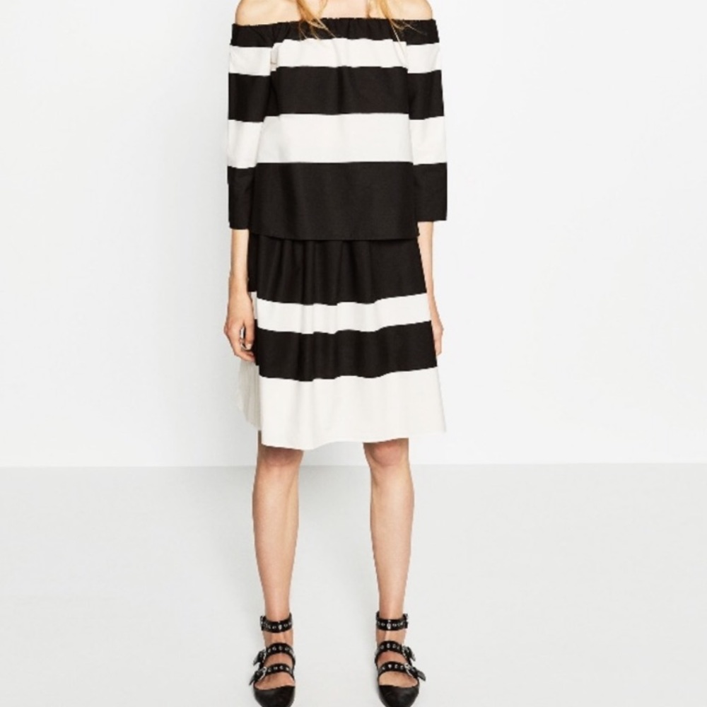Zara Black and White Stripped A Line Midi Skirt